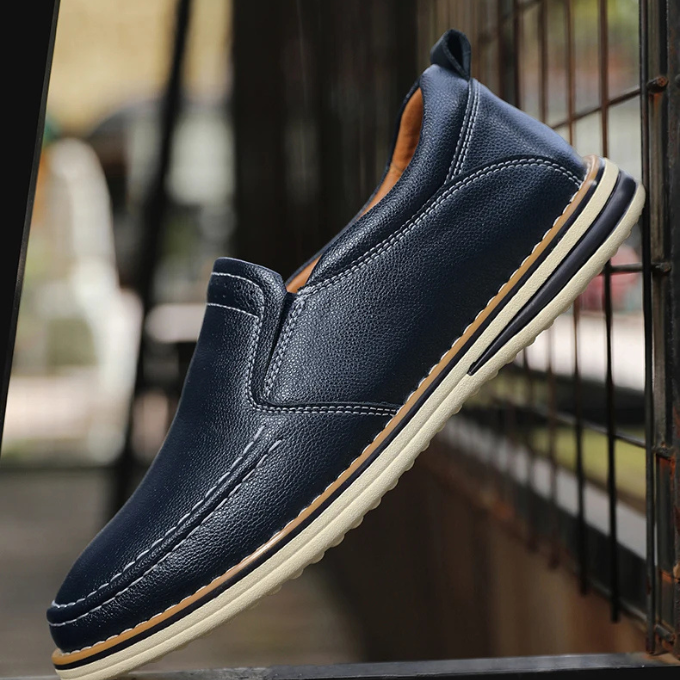 Top-down image of versatile men's moc toe loafers, highlighting the classic stitching and comfortable fit.