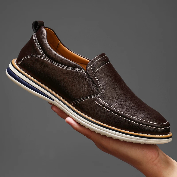 Durable men's moc toe loafers, comfortable slip-on shoes bridging casual and dressy modern fashion.
