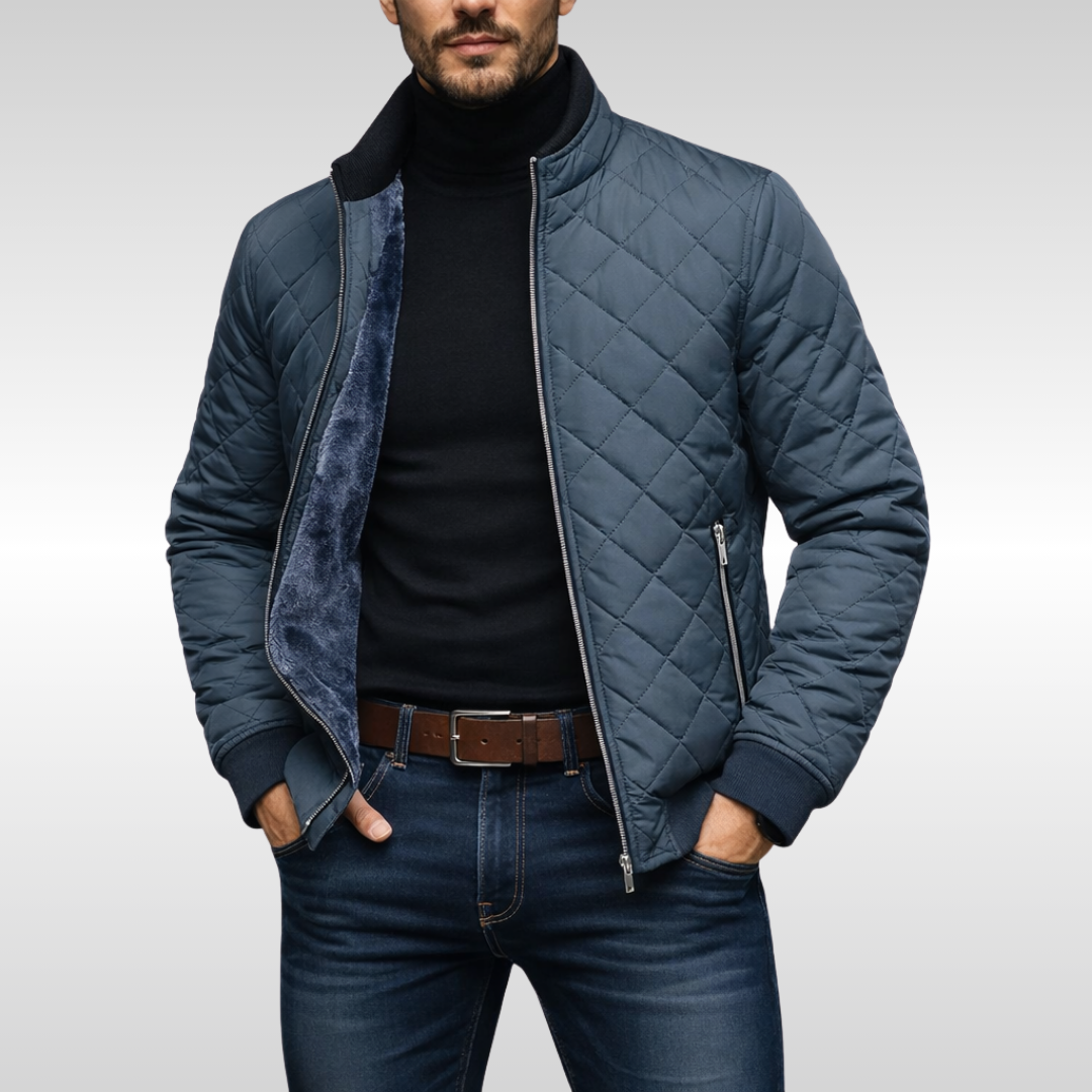 Stylish men's navy blue quilted jacket for fall & winter. Warm, modern casual outerwear, perfect for everyday wear.