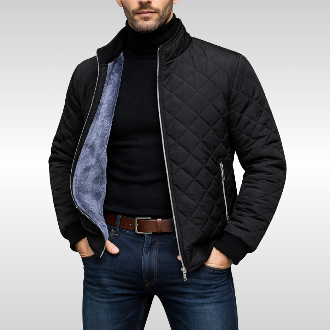 Warm black men's quilted jacket, a modern essential for fall & winter. Stylish and versatile casual everyday outerwear.
