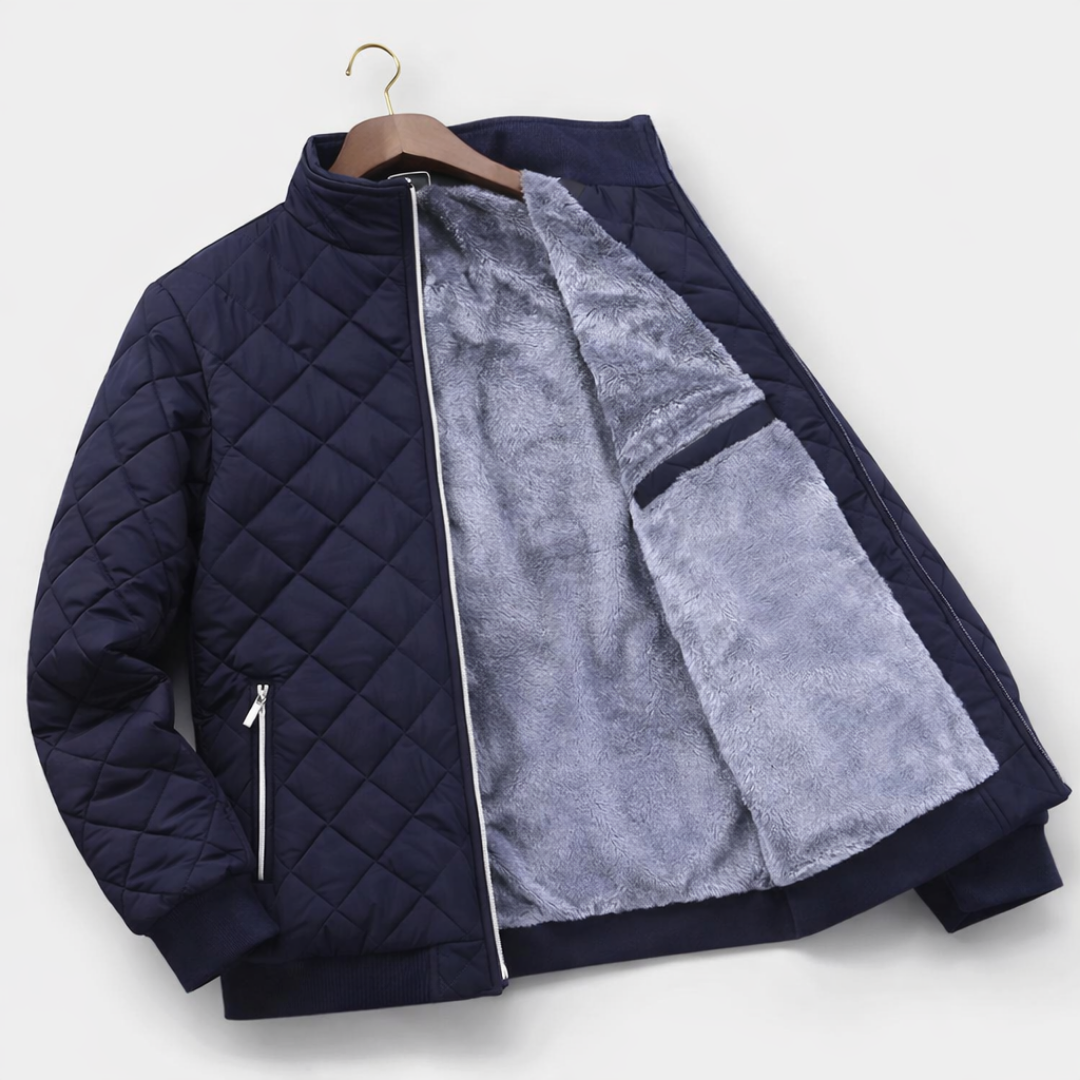 Modern gray men's quilted jacket, perfect for stylish fall & winter casual wear. Versatile & warm everyday outerwear.