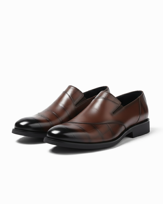 Men's modern slip-on brown leather loafers for a polished, comfortable formal look.