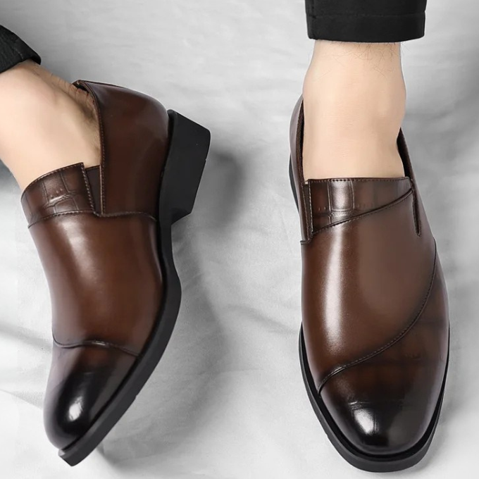 Modern men's dress loafers, easy slip-on style, available in classic brown and black.