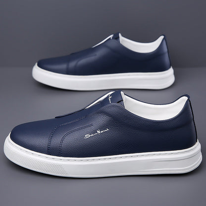 Navy blue men's no-lace sneakers. Effortless comfort & modern fashion for walking.