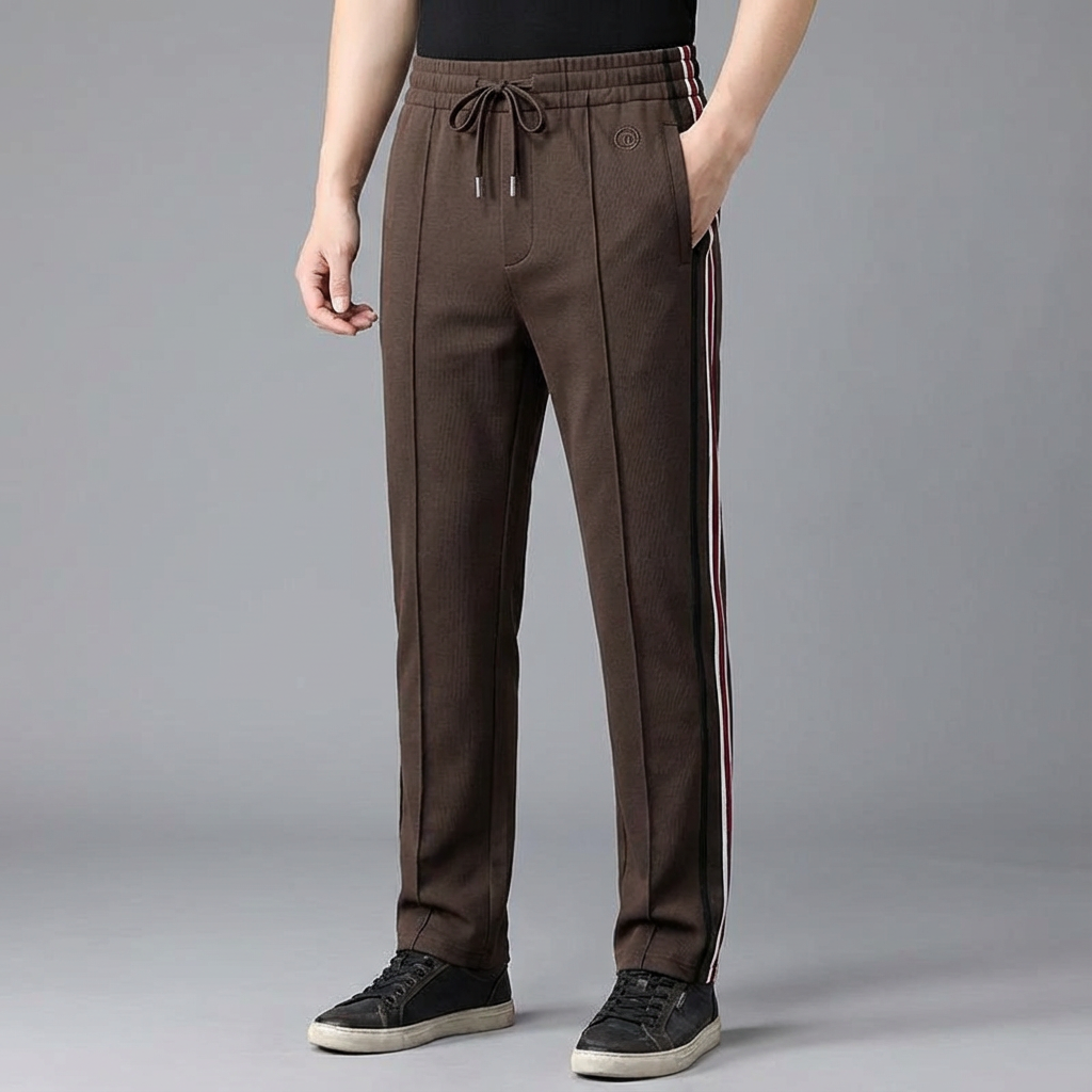 Stylish men's spliced pants with comfort fit, ideal for versatile everyday wear & modern look.