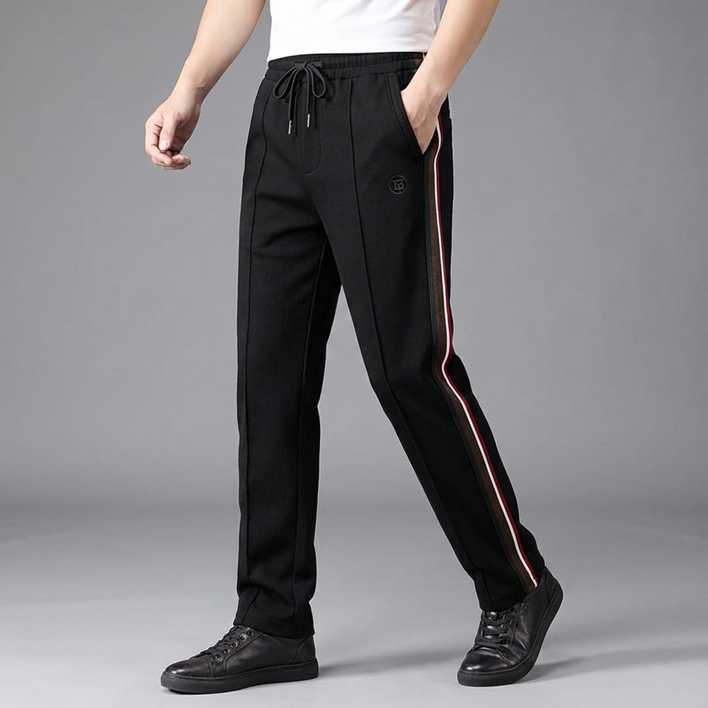 Comfortable men's casual pants featuring a modern spliced design & elastic waist for daily wear.