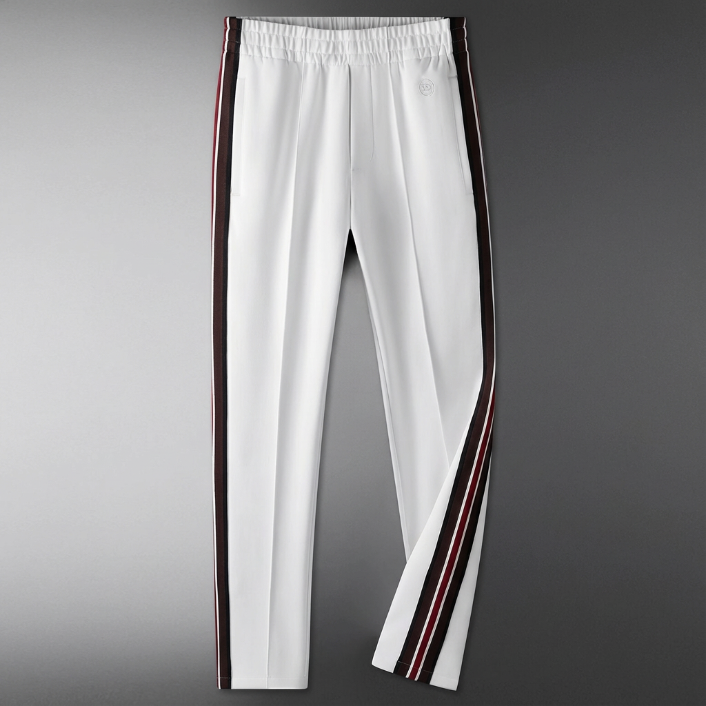 Elastic waist men's spliced comfort pants for modern style, easy care & everyday versatile wear.