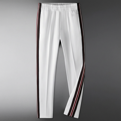 Elastic waist men's spliced comfort pants for modern style, easy care & everyday versatile wear.