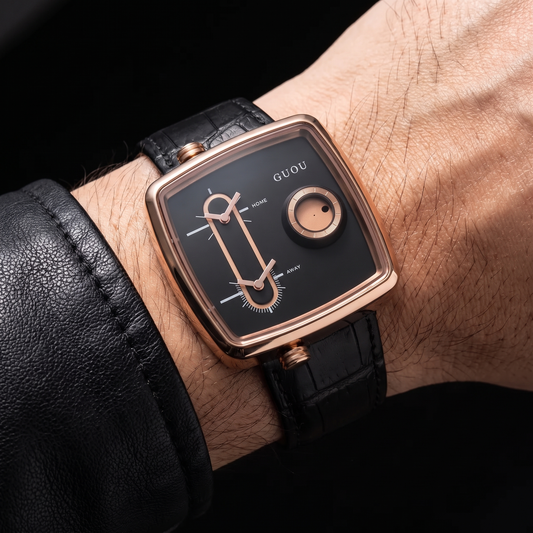 Men's modern square dual time quartz watch with black leather strap.