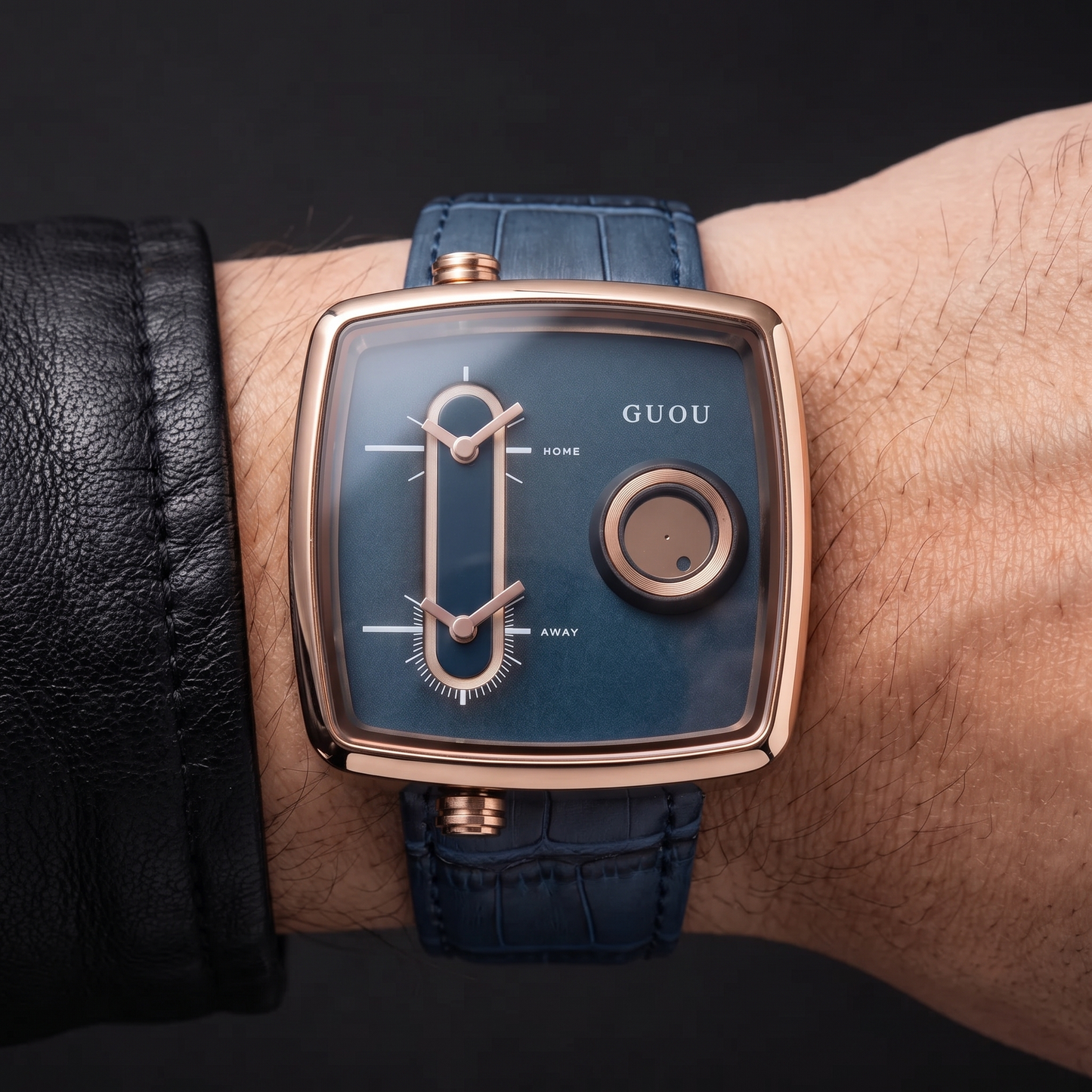 Versatile men's blue square face dual time quartz watch, a modern timepiece with leather strap.