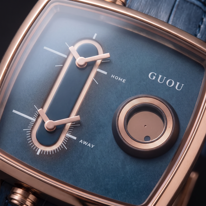 Modern men's quartz watch, square dual time design with a comfortable black leather strap.