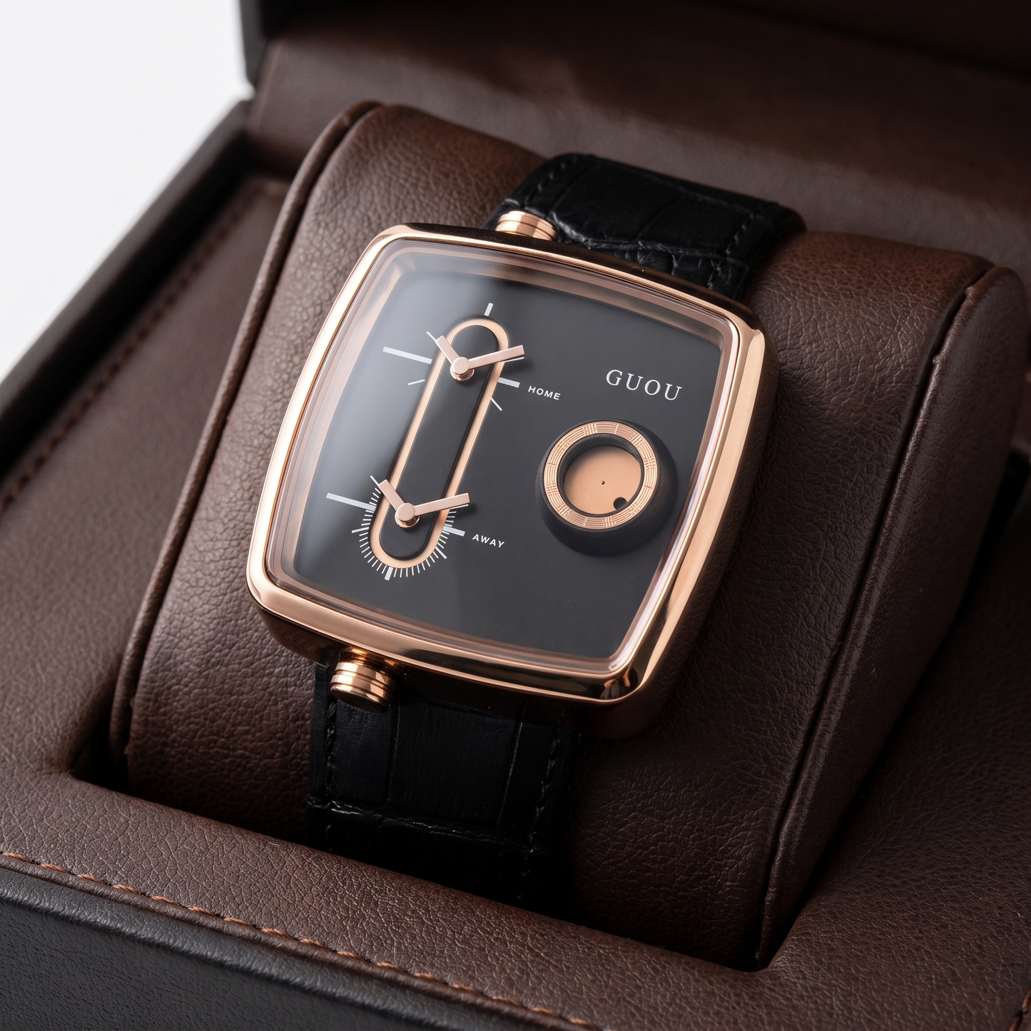Elegant men's modern square dial dual time quartz watch; a versatile black timepiece.