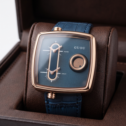 Men's modern square dual time quartz watch featuring a sleek design and durable leather strap.