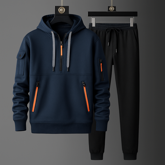 Men's modern tech tracksuit set, combining sportswear, activewear & athleisure for ultimate comfort and style.