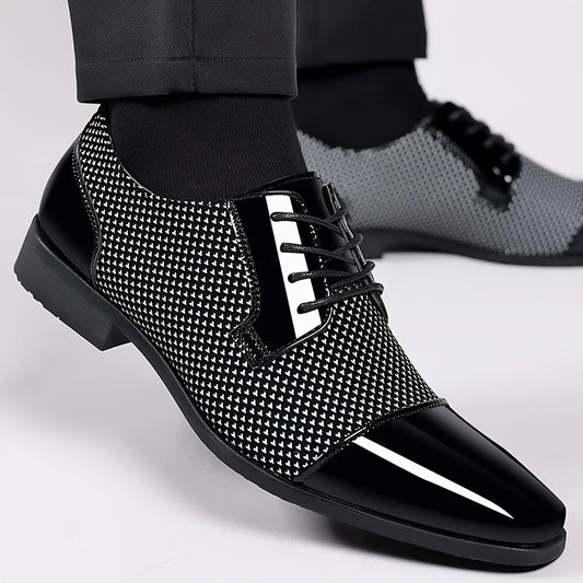 Men's modern textured oxford dress shoes. Comfortable formal footwear with a stylish patterned design.