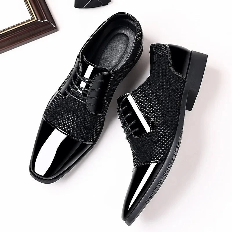 Men's textured oxford dress shoes in action, showcasing comfortable and modern appeal for business wear.