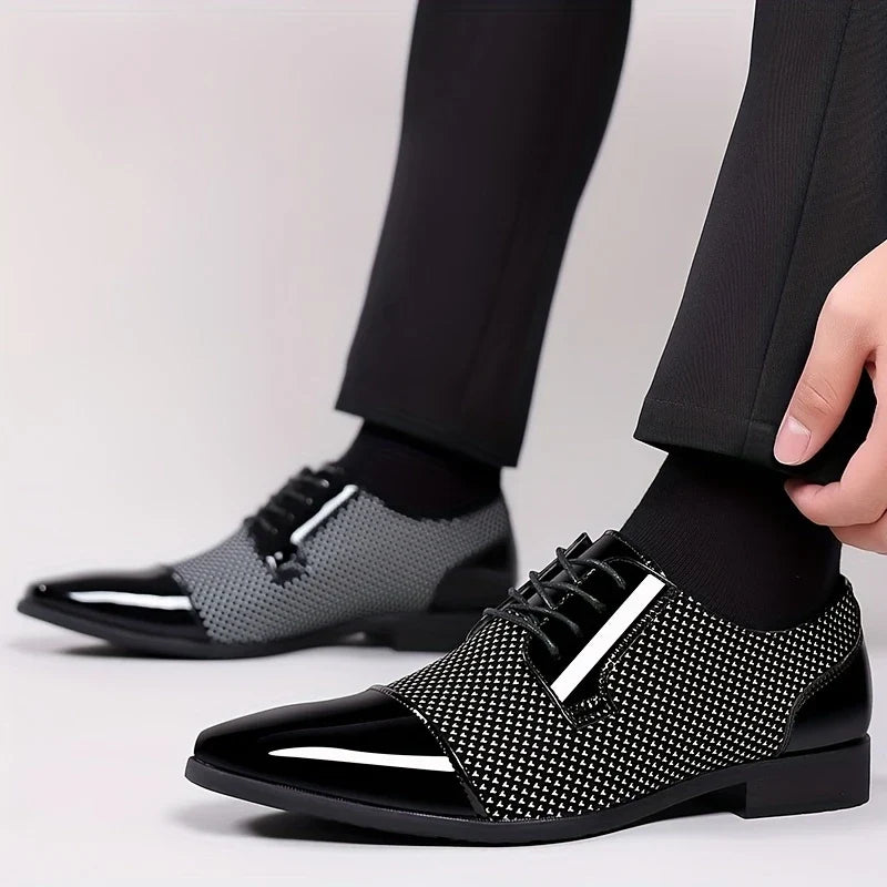 Stylish men's textured oxford dress shoes. Unique patterned formal footwear for modern business casual attire.