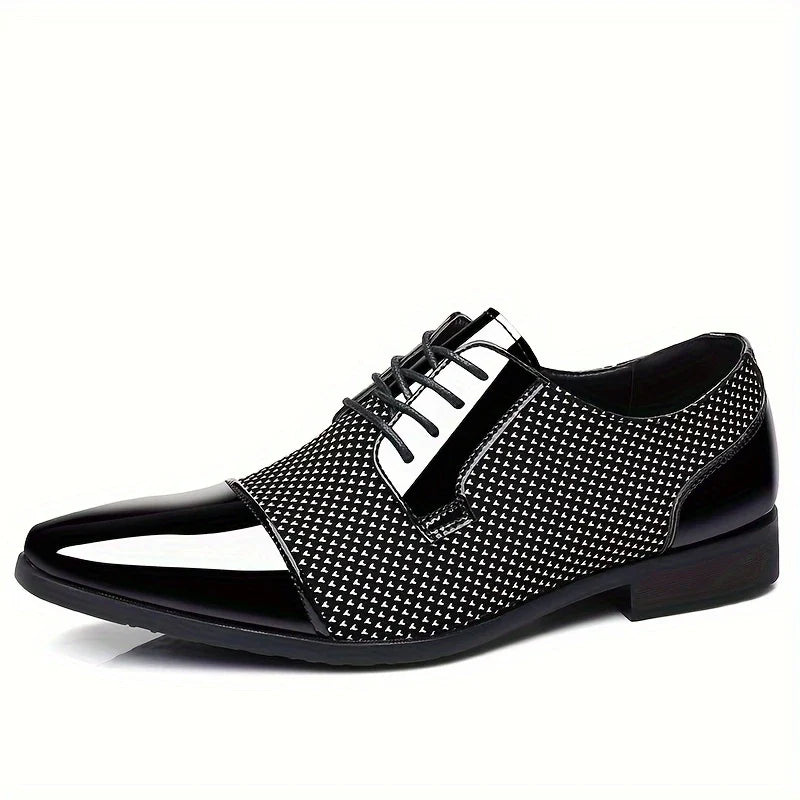 Side profile of men's patterned oxford dress shoes. Ideal business casual footwear, modern & comfortable.