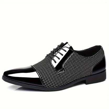 Side profile of men's patterned oxford dress shoes. Ideal business casual footwear, modern & comfortable.