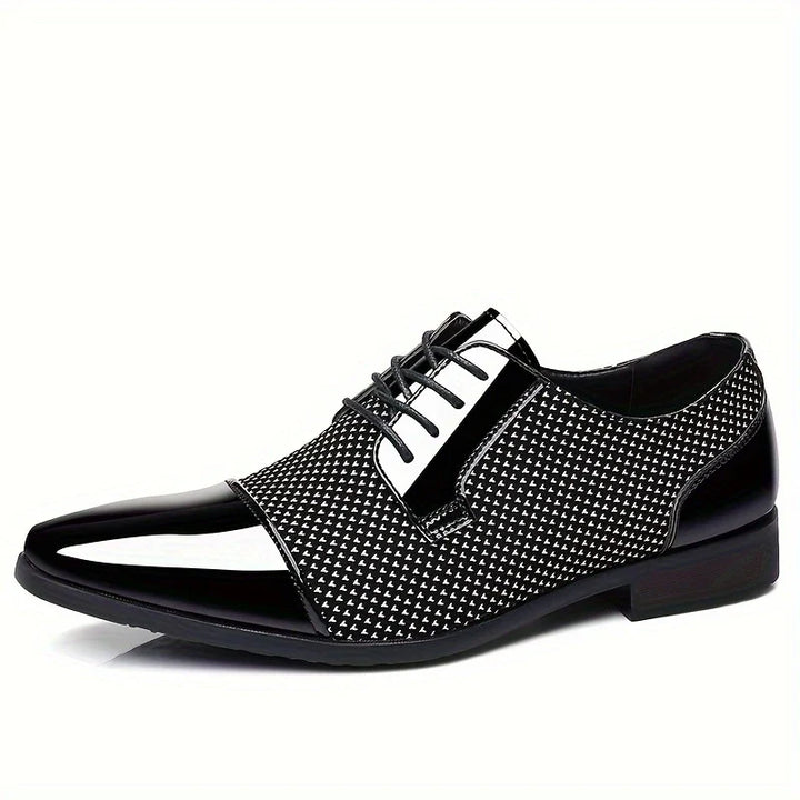 Side profile of men's patterned oxford dress shoes. Ideal business casual footwear, modern & comfortable.