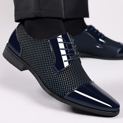 Close-up: Modern textured pattern on sophisticated men's oxford dress shoes. Premium formal footwear detail.