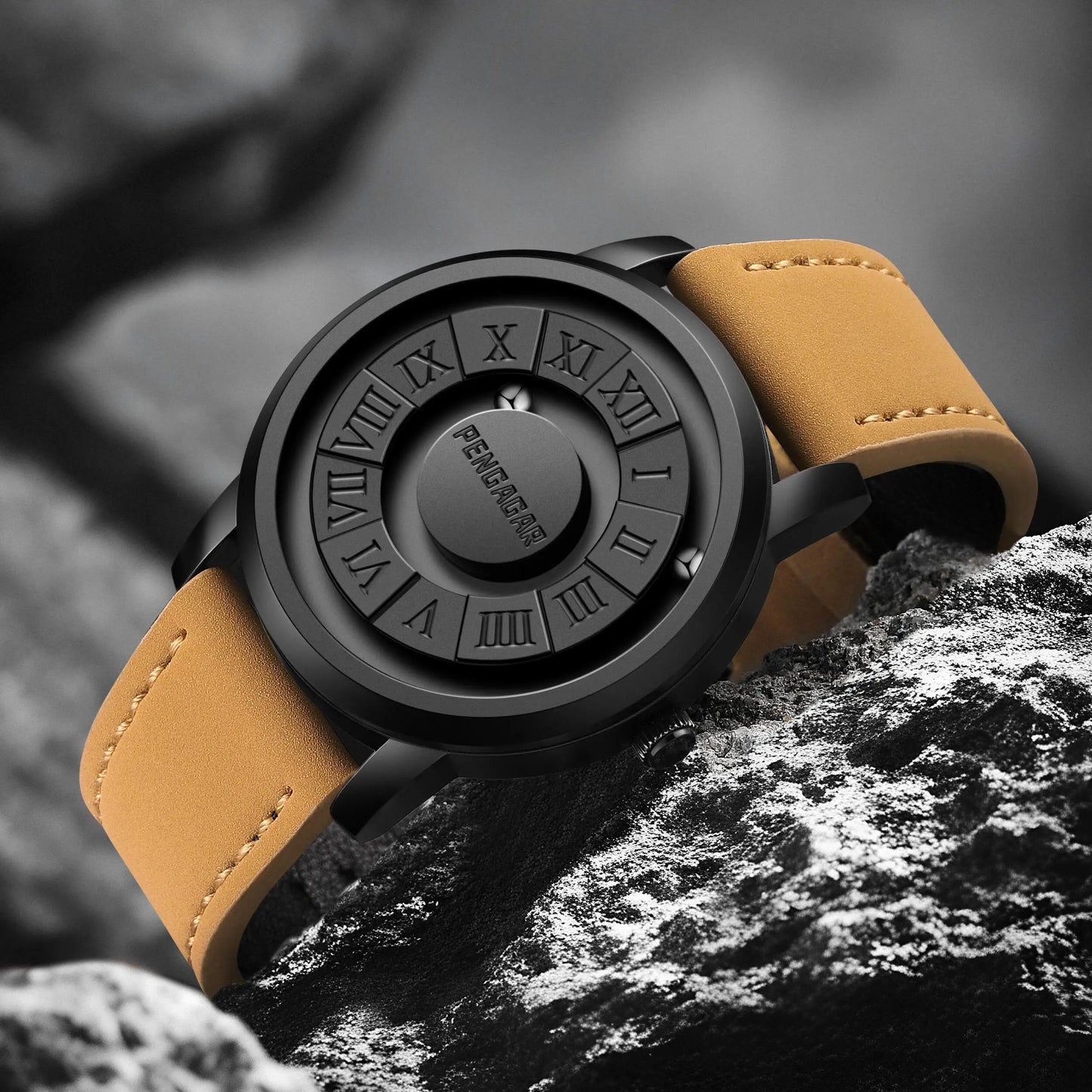 Elegant men's luxury timepiece featuring Roman numerals & innovative magnetic hands.