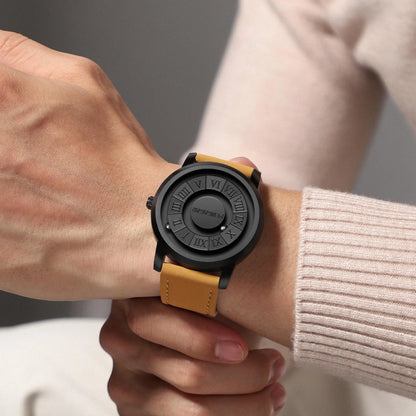 Sleek men's fashion watch. Modern Roman numerals, magnetic pointers. Minimalist accessory.
