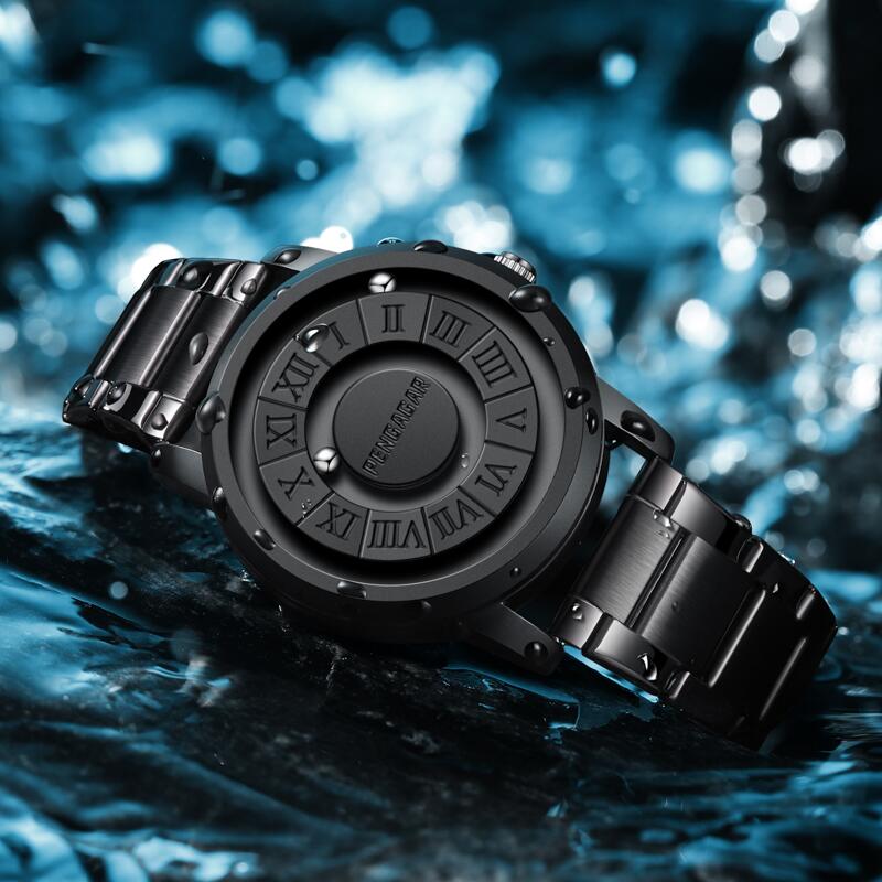 Modern men's minimalist watch. Roman numerals, magnetic hands. Elegant luxury design.