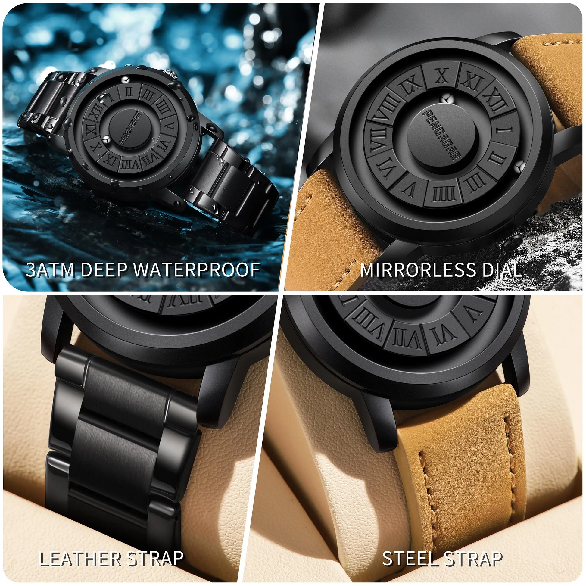 Sleek men's watch with Roman numeral display & innovative magnetic pointers. Fashion accessory.