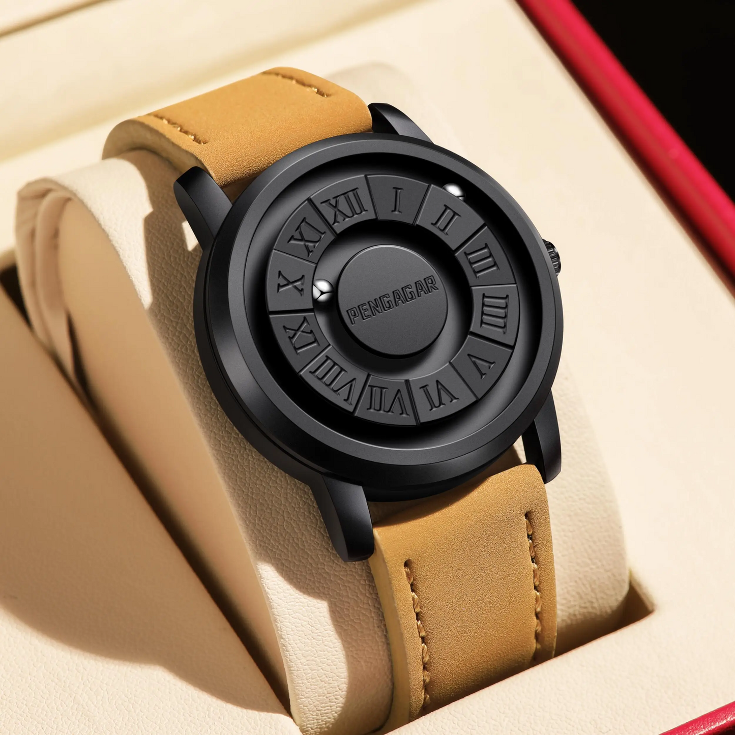 Elegant men's luxury watch. Roman numerals, magnetic pointers. Modern, minimalist style.