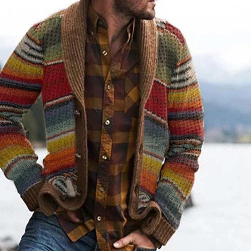 Men's modern yellow striped cardigan. Comfortable open-front knit sweater, perfect for stylish casual wear & outerwear.