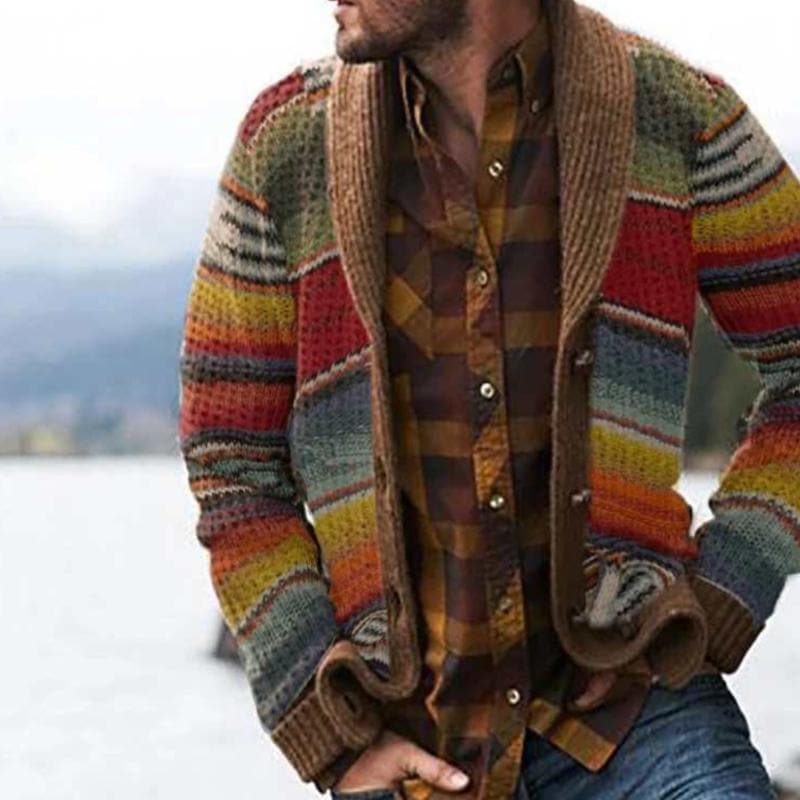 Stylish men's striped knit cardigan in yellow. Modern, relaxed fit, open-front design for comfortable versatile fashion.
