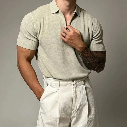 Men's modern zip-up polo shirt, tailored fit, comfortable short sleeve knit top for stylish casual wear.