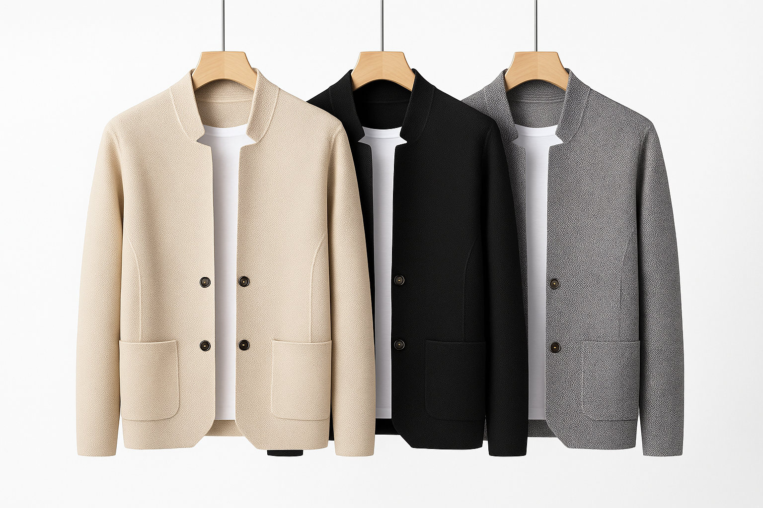 Stand collar detail on men's modform structured everyday jacket, a key feature of its modern minimalist fashion.