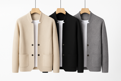 Stand collar detail on men's modform structured everyday jacket, a key feature of its modern minimalist fashion.