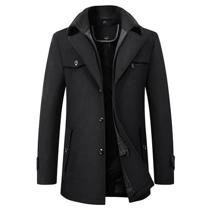 Man wearing Molner classic tailored trench coat. Stylish & warm men's overcoat for formal winter occasions.