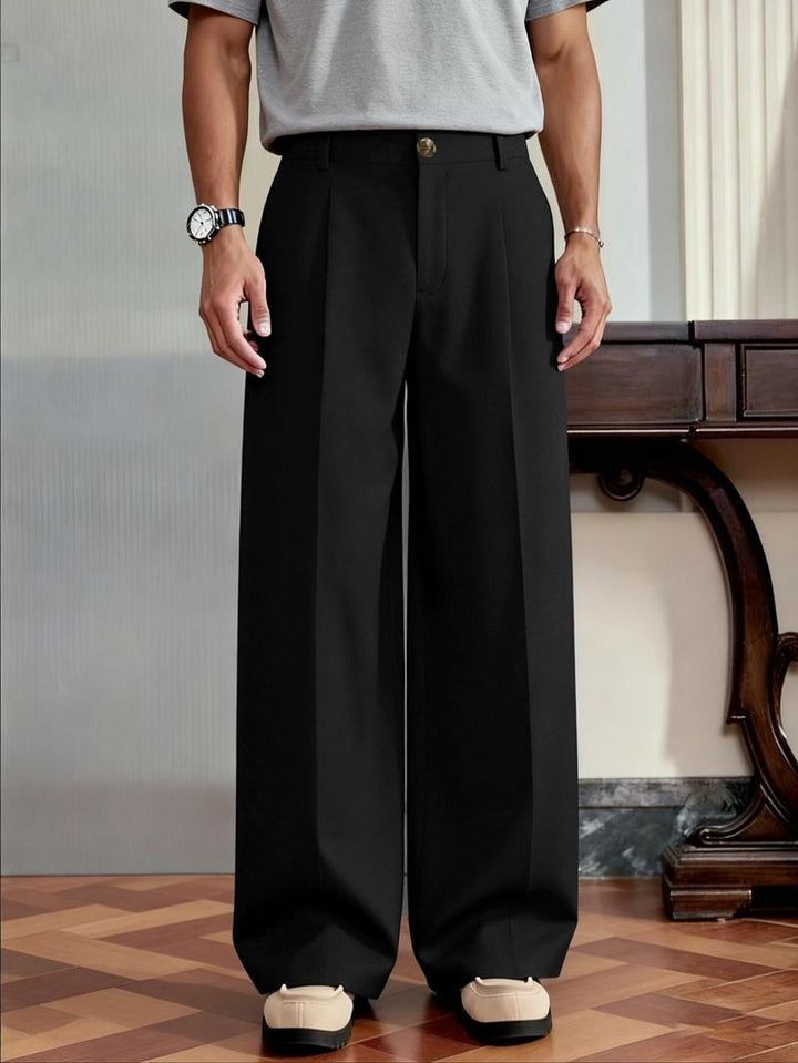 Men's Monaco wide leg wool blend trousers. Pleated dress pants for sophisticated formal wear.