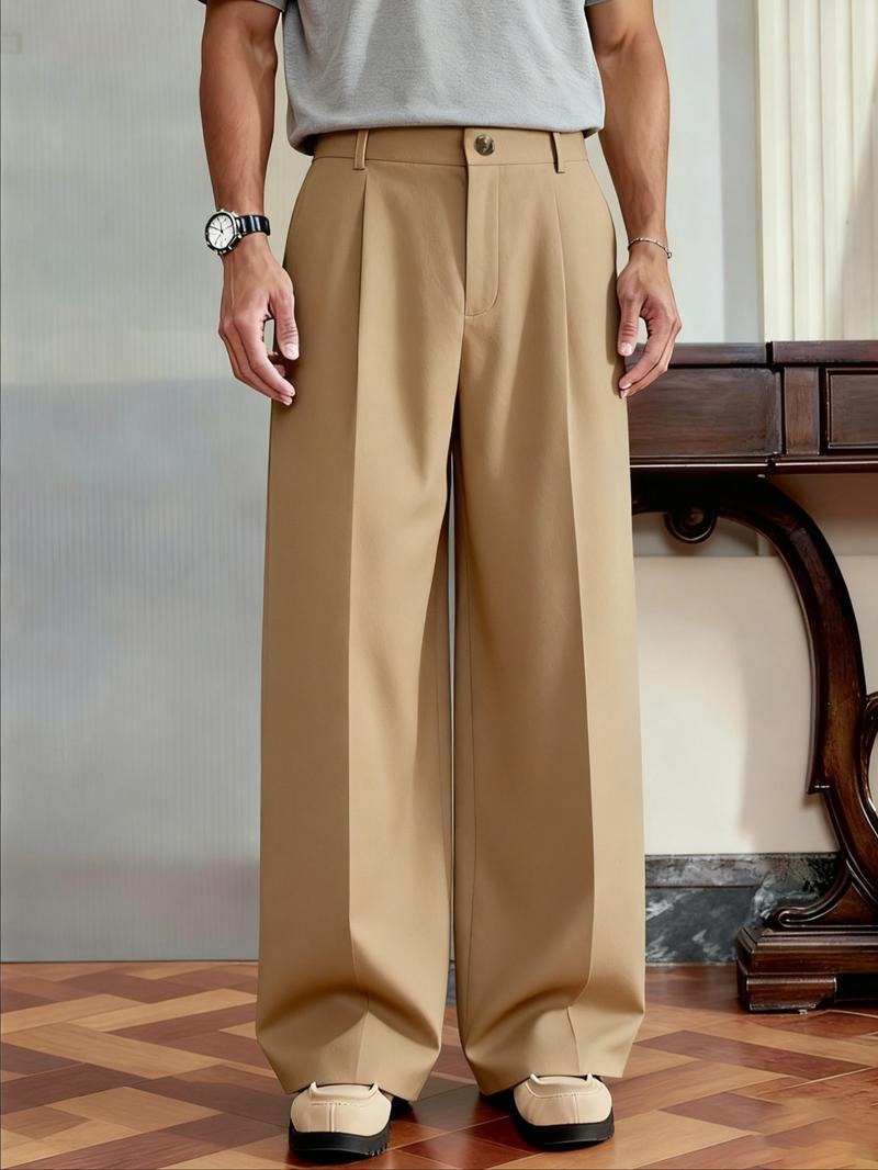 Versatile men's Monaco wide leg trousers. Pleated wool blend comfort pants for dressy or casual chic occasions.