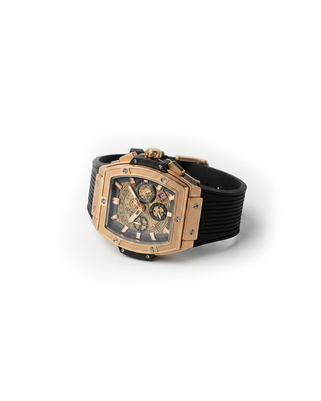 Men's Monarch gold multifunction quartz watch with black dial & silicone band. Water resistant casual everyday timepiece.