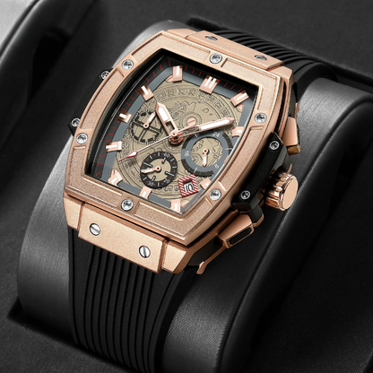 Men's Monarch silver multifunction quartz watch with black dial & silicone band. Water resistant casual everyday timepiece.
