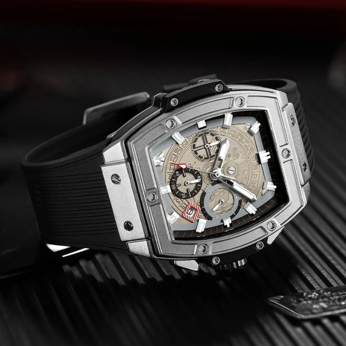Men's Monarch black multifunction quartz watch with black dial & silicone band. Water resistant casual everyday timepiece.