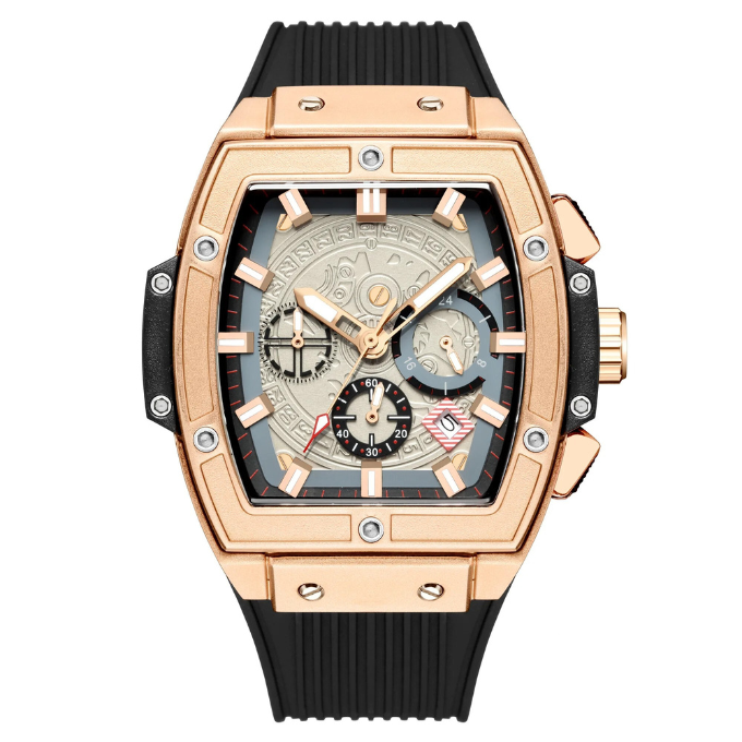 Men's Monarch multifunction casual dress watch, water resistant alloy case, comfortable silicone band, accurate quartz movement.