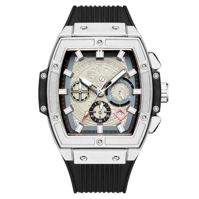 Close-up of Monarch men's casual multifunction quartz watch. Durable alloy case, silicone band, perfect for everyday wear.
