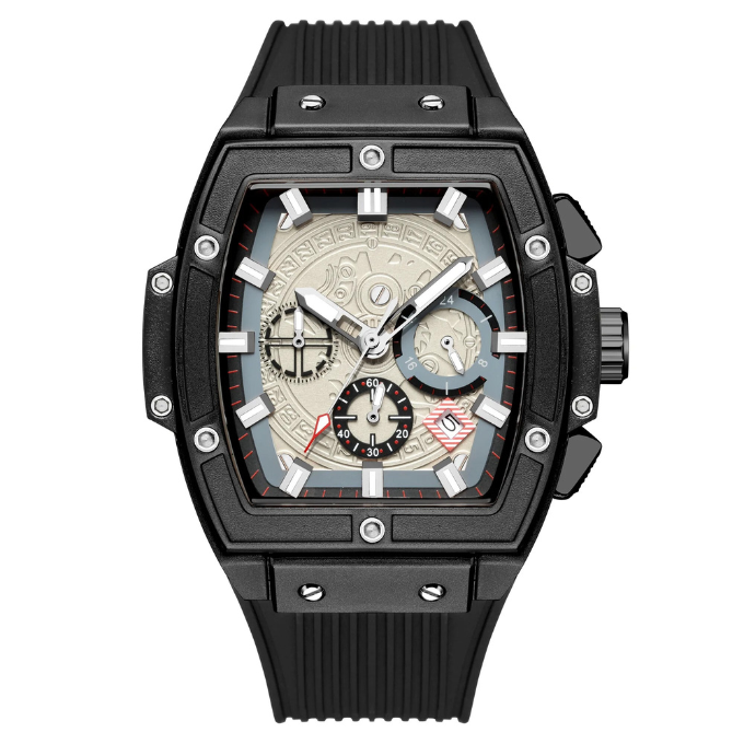 Stylish men's Monarch multifunction watch. Black dial, easy-to-read sub-dials, water-resistant, ideal casual/dress watch.