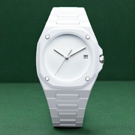 Men's monochrome essential watch, a sleek minimalist timepiece with a date display, water resistant for daily wear.