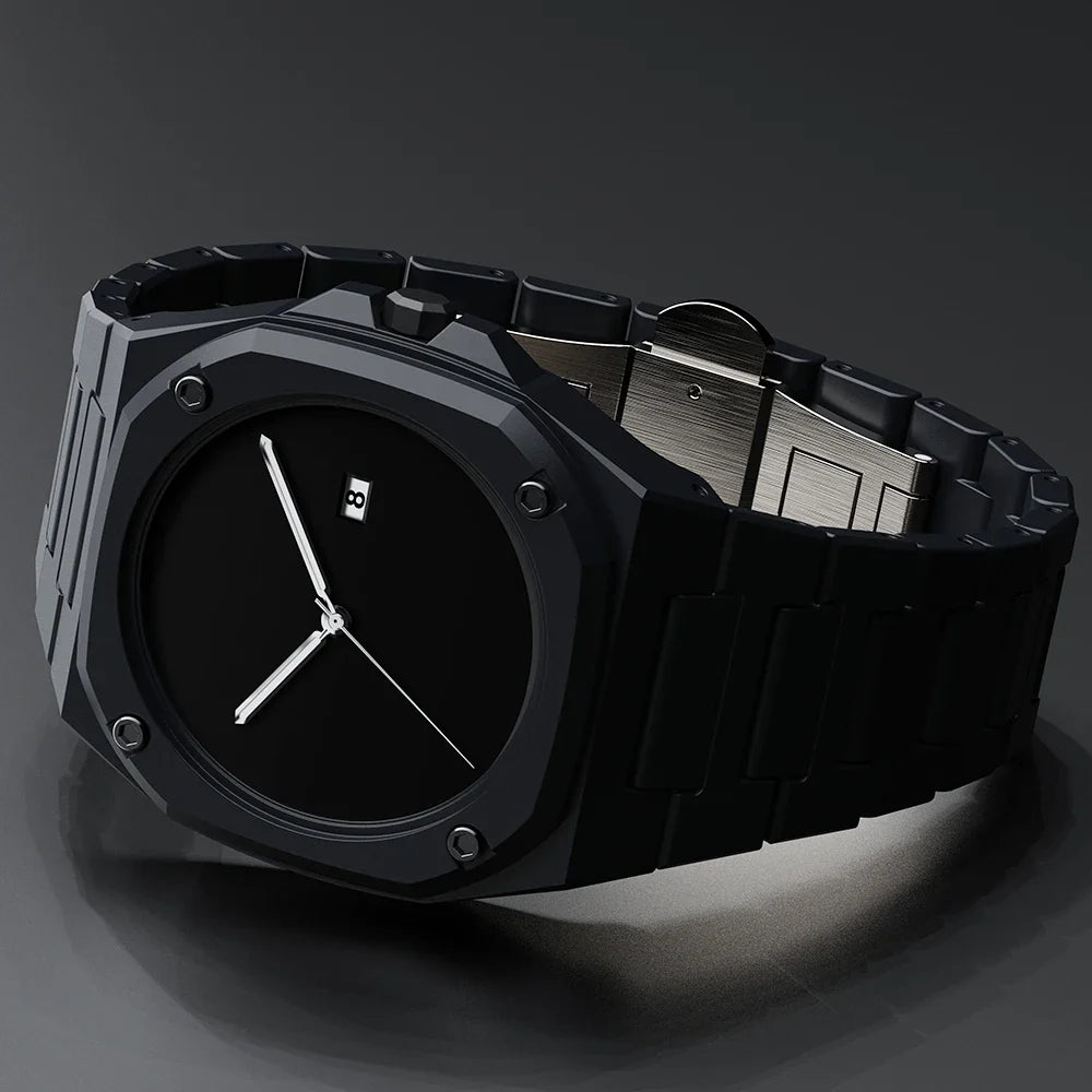 Stylish men's monochrome watch on a wrist, offering a sophisticated minimalist accessory for elegant outfits.
