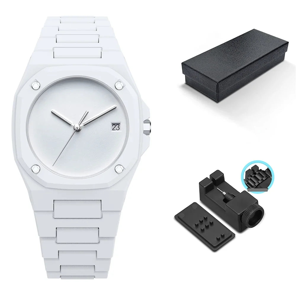 Sophisticated men's black monochrome watch, a minimalist and water-resistant accessory with a clear date display.