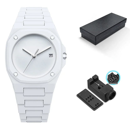 Sophisticated men's black monochrome watch, a minimalist and water-resistant accessory with a clear date display.