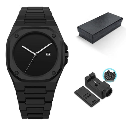 Elegant men's white monochrome watch, a minimalist geometric timepiece featuring a date display and water resistance.