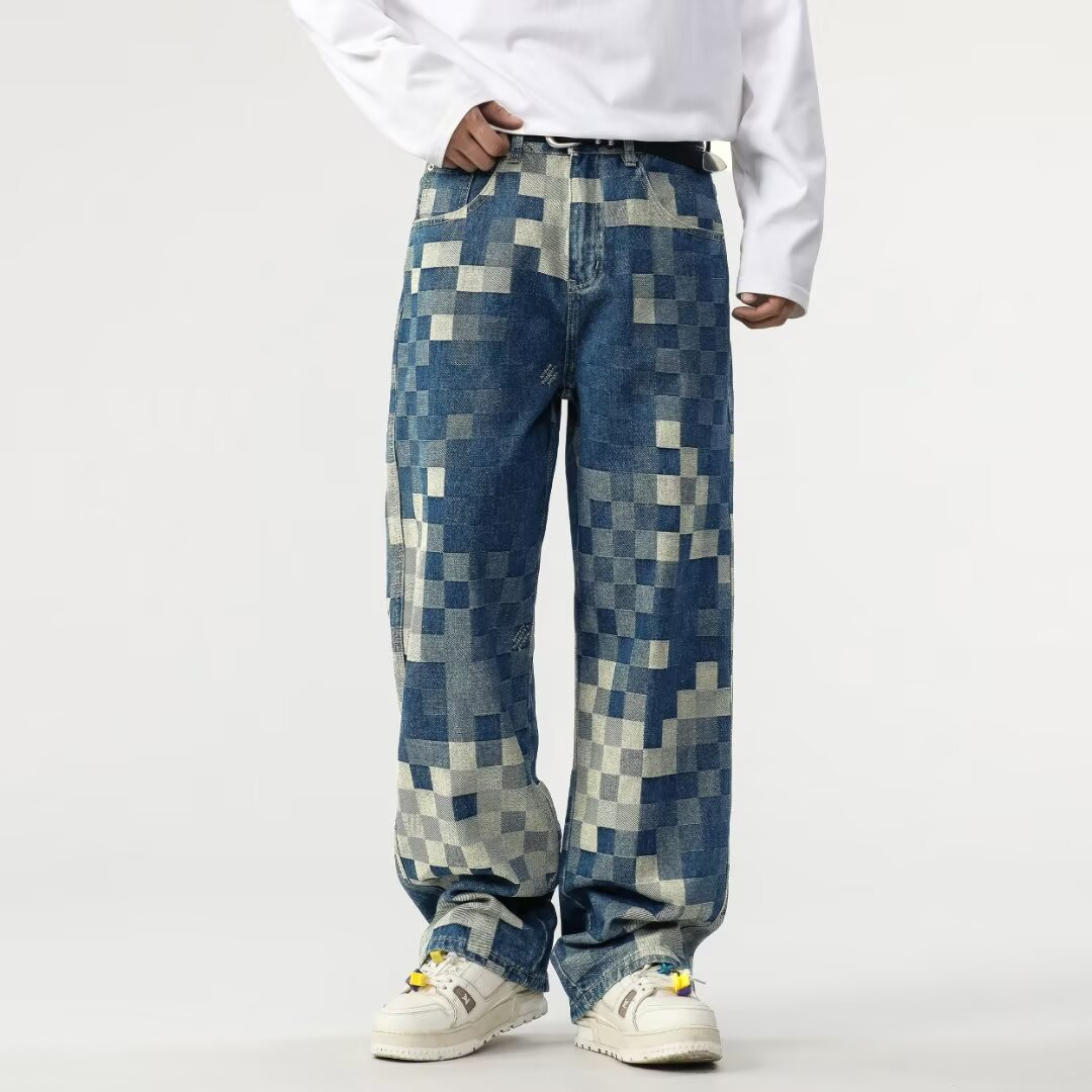 Men's Mosaic Jeans: relaxed fit, straight leg, unique pixelated design. Perfect for streetwear & retro style.
